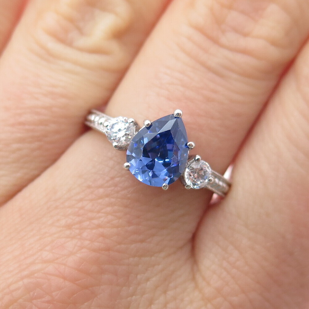 D'Manis 925 Sterling Silver Pear-Cut Blue & Round-Cut White C Z Ring Size 8.25